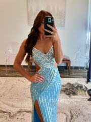 Mermaid Spaghetti Straps Light Sky Blue Long Prom Dresses Beaded Evening Dress ALI0211|Selinadress