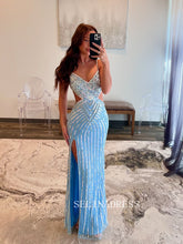 Mermaid Spaghetti Straps Light Sky Blue Long Prom Dresses Beaded Evening Dress ALI0211|Selinadress