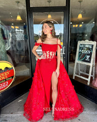 Mermaid Spaghetti Straps Red Lace Long Prom Dress Evening Dress With Skirt ABB036|Selinadress