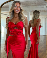 Mermaid Spaghetti Straps Red Long Prom Dress Evening Dresses With Slit SEW1214|Selinadress