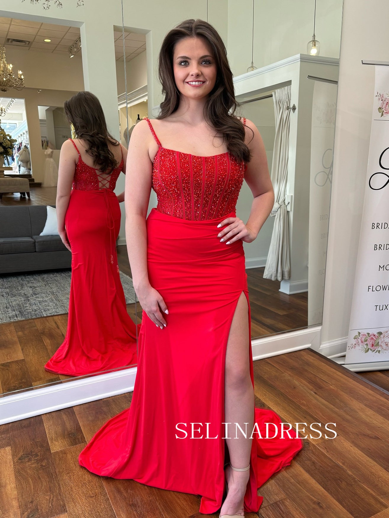 Mermaid Spaghetti Straps Red Long Prom Dress With Beaded Evening Dress ABB011|Selinadress