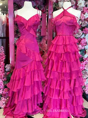 Mermaid Spaghetti Straps Red Long Prom Dress With Ruffles sew1041|Selinadress