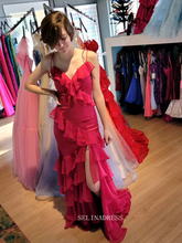 Mermaid Spaghetti Straps Red Long Prom Dress With Ruffles sew1041|Selinadress