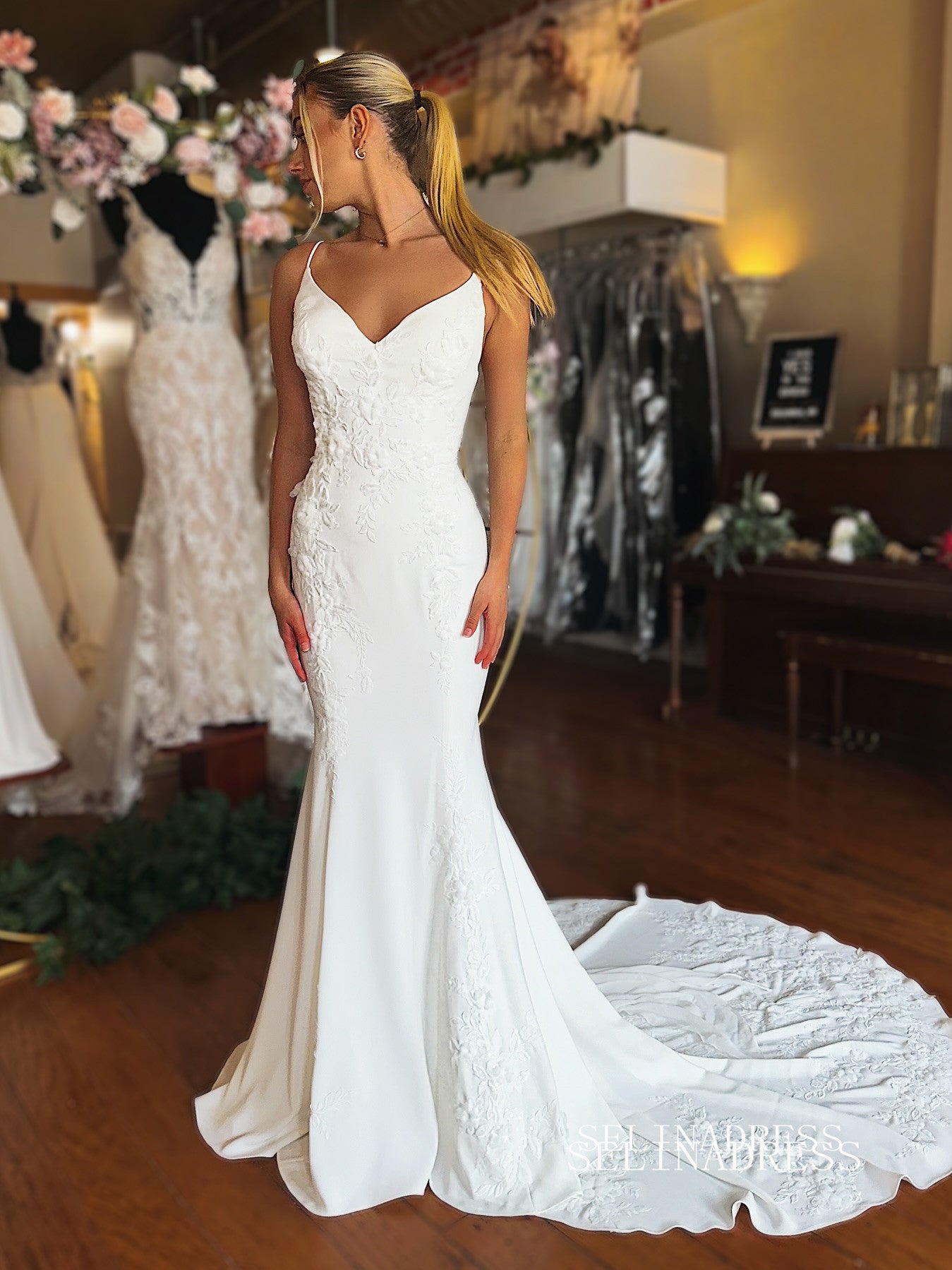 Mermaid Spaghetti Straps Rustic Wedding Dresses Satin Bridal Gowns EWR458|Selinadress