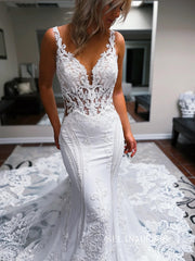 Mermaid Spaghetti Straps White Lace Wedding Dress With Sweep Train EWR399|Selinadress
