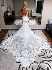 Mermaid Spaghetti Straps White Lace Wedding Dress With Sweep Train EWR399|Selinadress