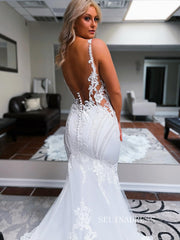 Mermaid Spaghetti Straps White Lace Wedding Dress With Sweep Train EWR399|Selinadress