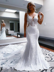 Mermaid Spaghetti Straps White Lace Wedding Dress With Sweep Train EWR399|Selinadress