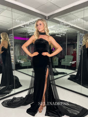 Mermaid Strapless Black Long Prom Dress Beaded Evening Dresses With Split SEW1208|Selinadress