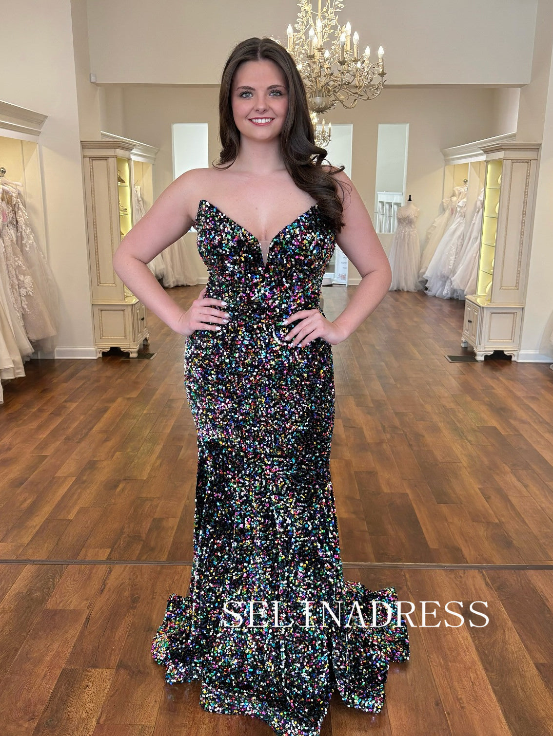 Mermaid Strapless Black Long Prom Dress Multicolored Sequins Evening Dress ABB014|Selinadress