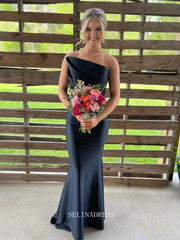 Mermaid Strapless Black Satin Long Prom Dress sew1049|Selinadress
