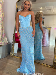 Mermaid Strapless Blue Prom Dresses With Pearl Elegant Evening Dresses SEA309|Selinadress