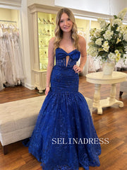 Mermaid Strapless Dark Blue Lace Long Prom Dress Beaded Evening Dress With Bow ABB015|Selinadress