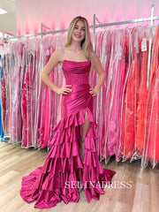 Mermaid Strapless Lace Long Prom Dress Ruffles Evening Dresses With Split SEW1209|Selinadress