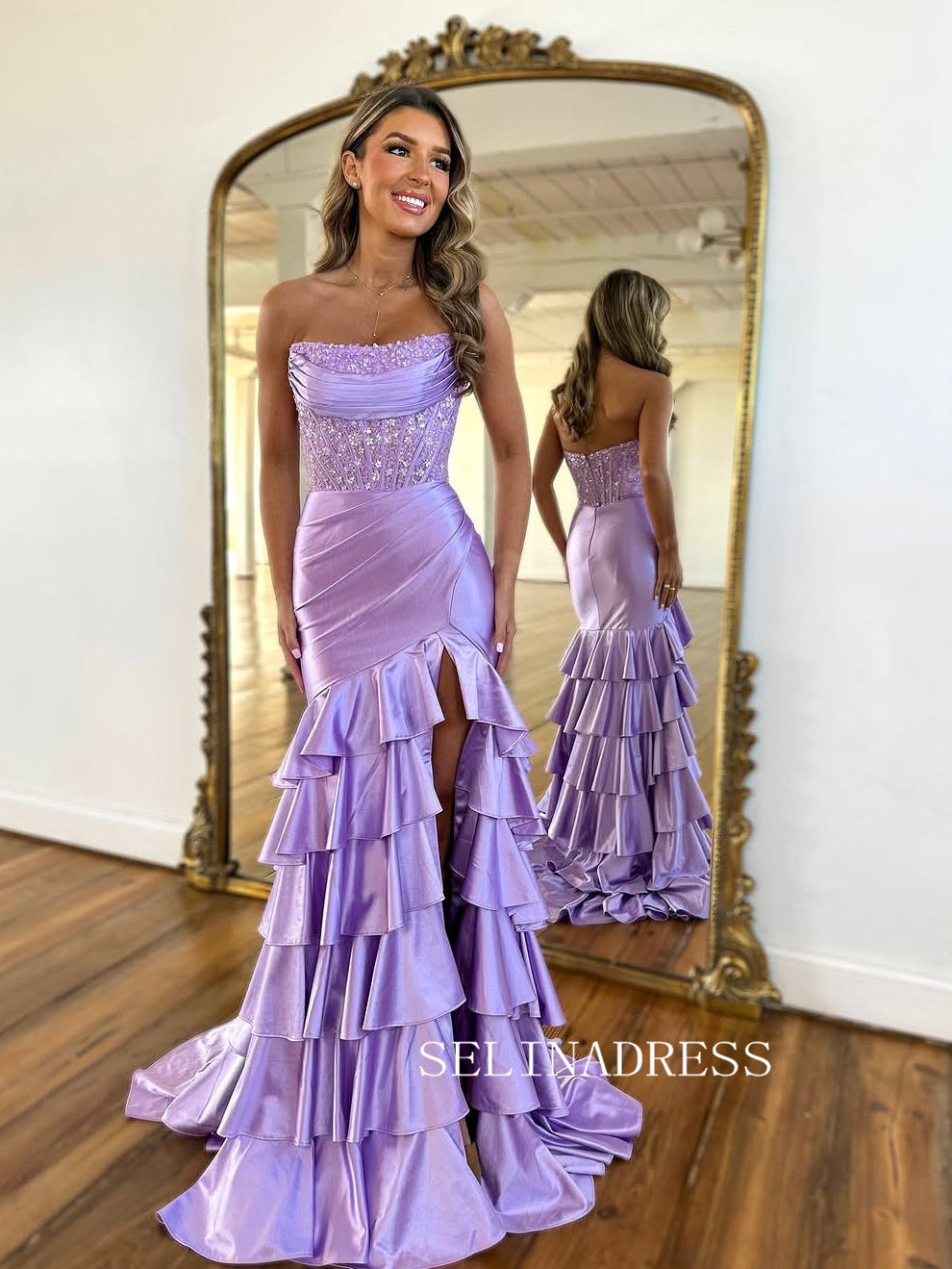 Mermaid Strapless Lilac Long Prom Dress Ruffles Evening Dress ann310|Selinadress