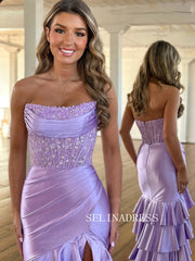 Mermaid Strapless Lilac Long Prom Dress Ruffles Evening Dress ann310|Selinadress