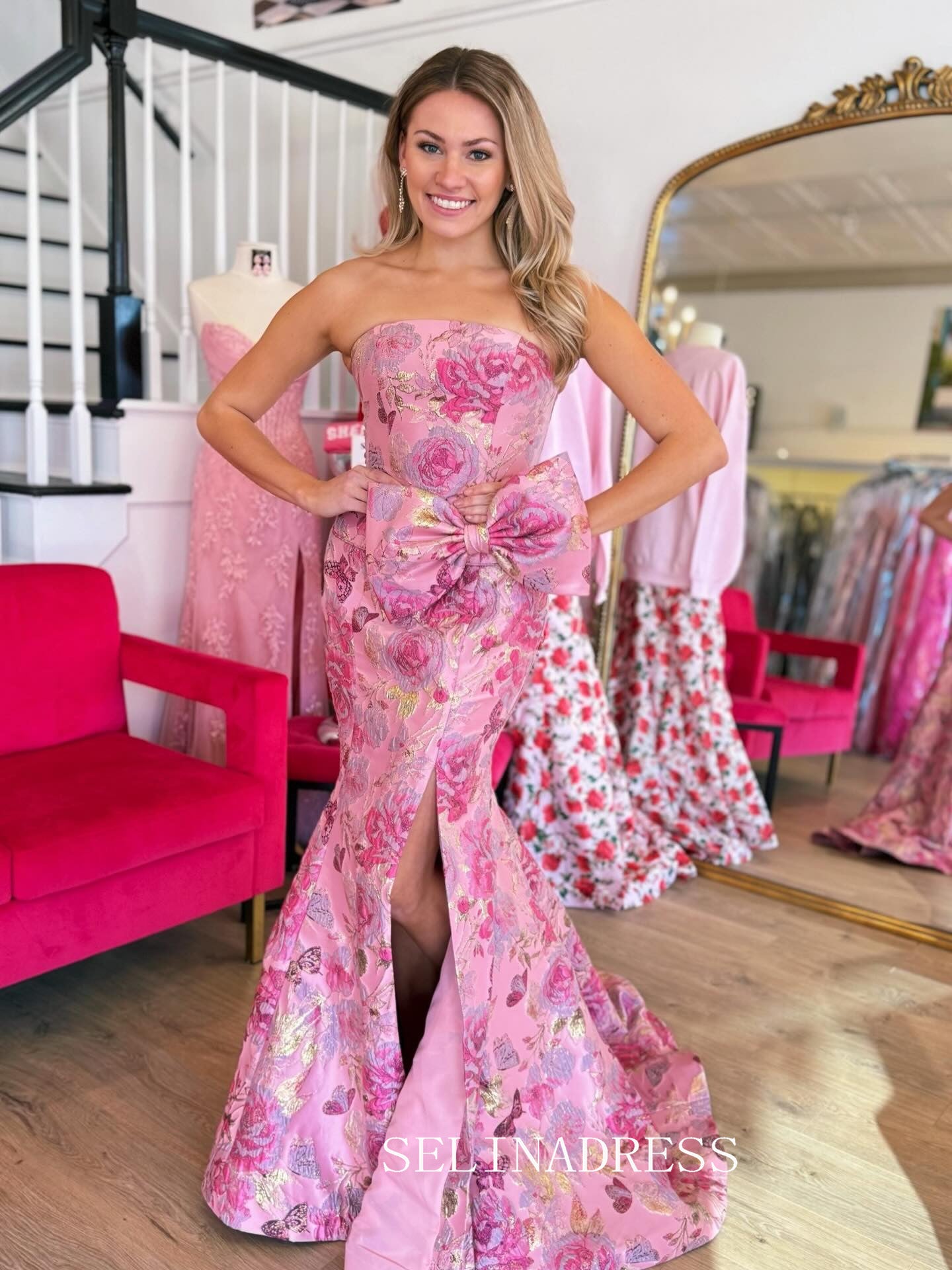 Mermaid Strapless Pink Floral Prom Dresses Elegant Evening Dresses SEA308|Selinadress