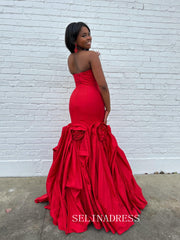 Mermaid Strapless Red Prom Dresses With Hand Made Flower Elegant Evening Dresses SEA313|Selinadress