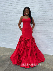 Mermaid Strapless Red Prom Dresses With Hand Made Flower Elegant Evening Dresses SEA313|Selinadress