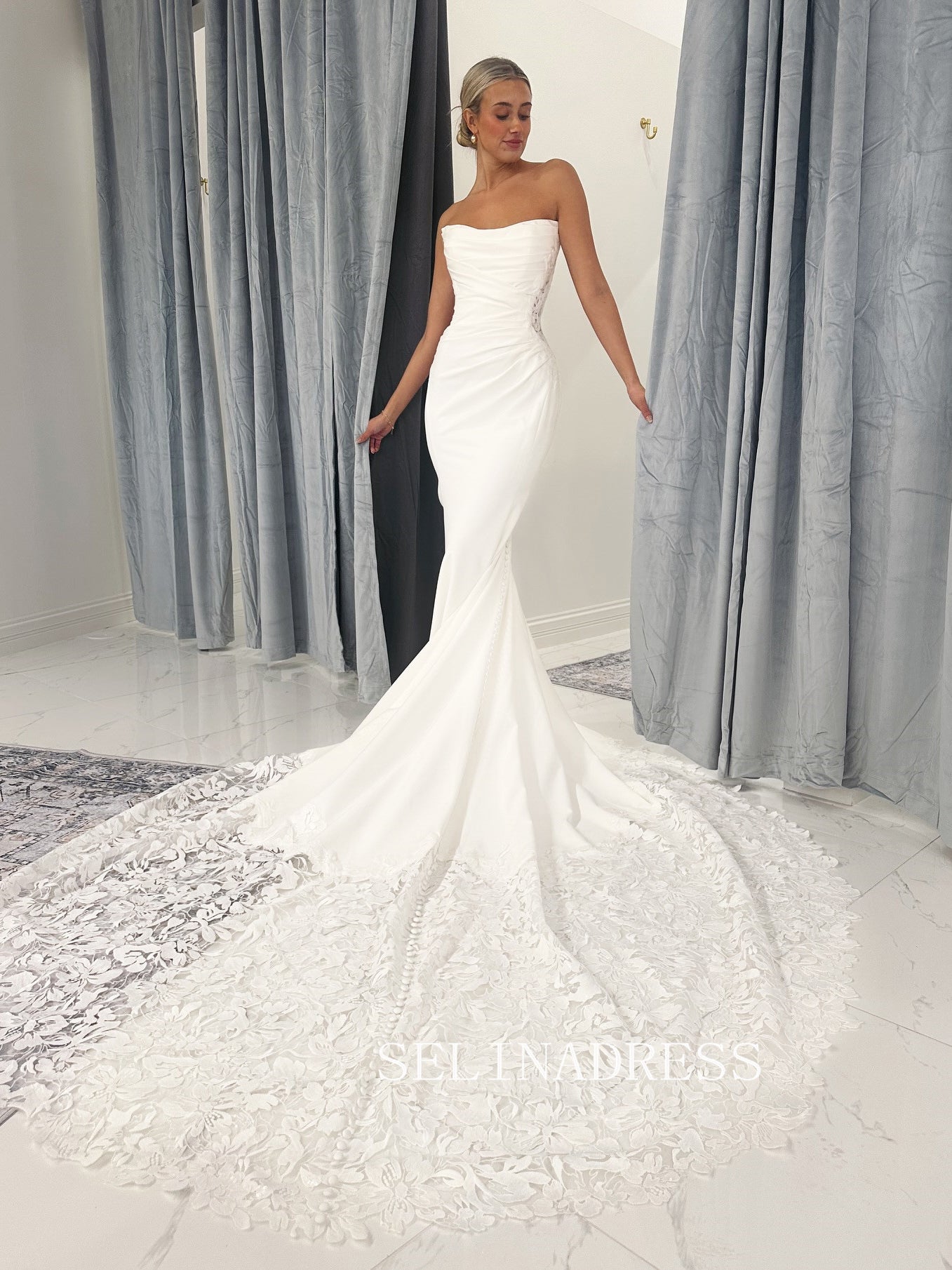Mermaid Strapless Satin Wedding Dresses White Lace Bridal Dresses ABB003|Selinadress