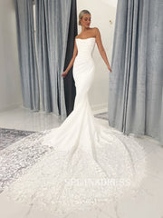 Mermaid Strapless Satin Wedding Dresses White Lace Bridal Dresses ABB003|Selinadress