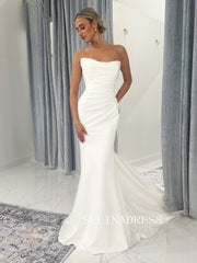 Mermaid Strapless Satin Wedding Dresses White Lace Bridal Dresses ABB003|Selinadress
