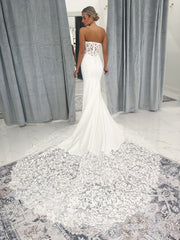 Mermaid Strapless Satin Wedding Dresses White Lace Bridal Dresses ABB003|Selinadress