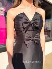 Mermaid Strapless V neck Black Long Prom Dress Evening Dress With Bow ABB032|Selinadress