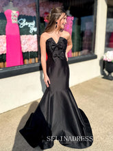 Mermaid Strapless V neck Black Long Prom Dress Evening Dress With Bow ABB032|Selinadress