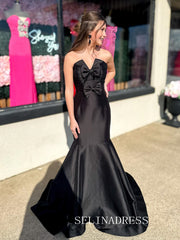 Mermaid Strapless V neck Black Long Prom Dress Evening Dress With Bow ABB032|Selinadress