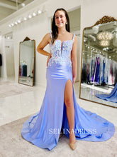 Mermaid Straps Blue Long Prom Dress with Appliques ABB004|Selinadress