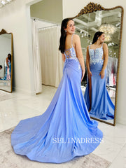 Mermaid Straps Blue Long Prom Dress with Appliques ABB004|Selinadress