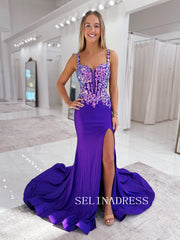 Mermaid Straps Blue Long Prom Dress with Appliques ABB004|Selinadress