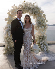 Mermaid Straps Rustic Floral Lace Long Evening Gowns SEW1166|Selinadress