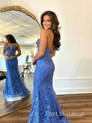 Mermaid Sweetheart Applique Lace Blue Long Prom Dress lpk938|Selinadress