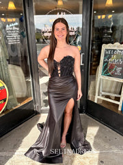 Mermaid Sweetheart Black Long Prom Dress Beaded Evening Dress With Slit ABB030|Selinadress