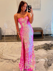 Mermaid Sweetheart Hot Pink Long Prom Dresses Sequins Evening Dress ALI02112|Selinadress