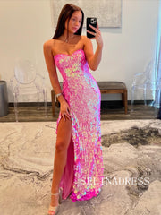 Mermaid Sweetheart Hot Pink Long Prom Dresses Sequins Evening Dress ALI02112|Selinadress