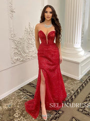 Mermaid Sweetheart Red Long Prom Dress Sparkling Evening Dress SQO013|Selinadress
