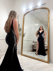 Mermaid V neck Black Sparkly Long Prom Dresses Hot Stones Evening Dresses SEA297|Selinadress