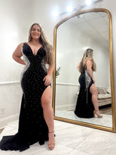 Mermaid V neck Black Sparkly Long Prom Dresses Hot Stones Evening Dresses SEA297|Selinadress
