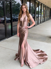 Mermaid V neck Cheap Long Prom Dress Evening Dress With Slit SEW1134|Selinadress