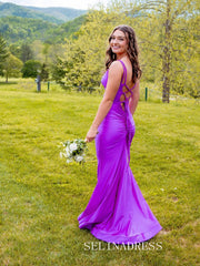 Mermaid V neck Cheap Long Prom Dress Purple Formal Dress SQW035|Selinadress