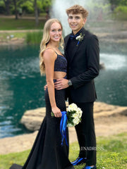 Mermaid V Neck Dark Navy Long Prom Dress With Slit SEW1131|Selinadress