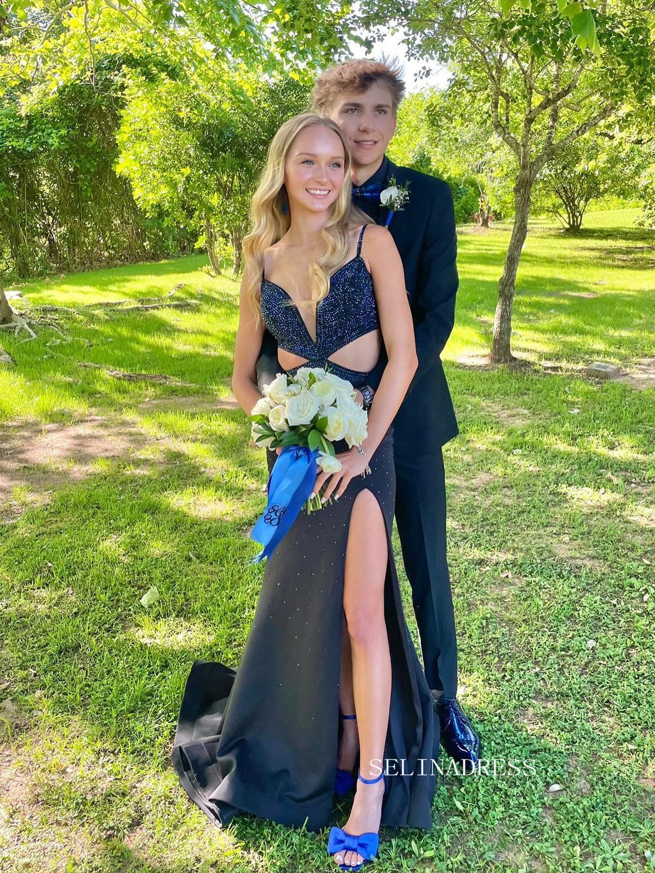 Mermaid V Neck Dark Navy Long Prom Dress With Slit SEW1131|Selinadress
