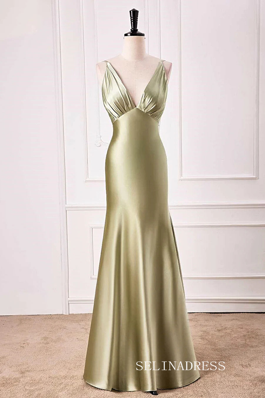 Mermaid V neck Dusty Sage Satin Long Prom Dress lps028|Selinadress