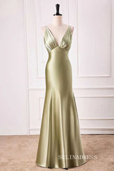 Mermaid V neck Dusty Sage Satin Long Prom Dress lps028|Selinadress