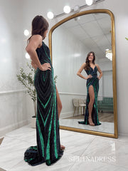 Mermaid V neck Full Beaded Long Prom Dresses Sparkly Evening Dresses SEA298|Selinadress