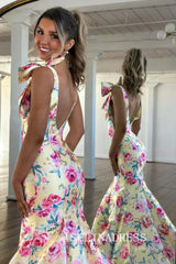 Mermaid V neck Long Prom Dresses With Floral Evening Dresses SEA061|Selinadress