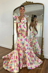 Mermaid V neck Long Prom Dresses With Floral Evening Dresses SEA061|Selinadress